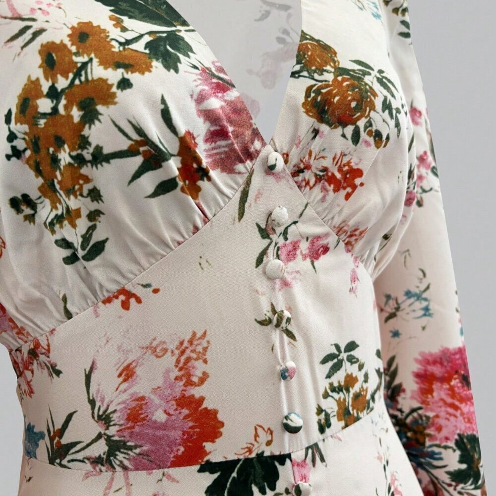 Multicolor Boho Women's Casual Elegant V-Neck Long Sleeve Floral Print Dress - Picture 7 of 8